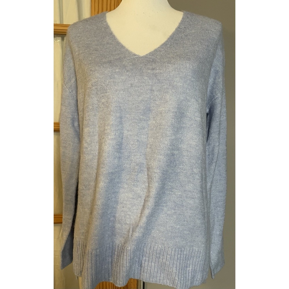 Y2K Express Oversized Sweater Women's S Pullover Blue V Neck Hi-Low Slit Coastal